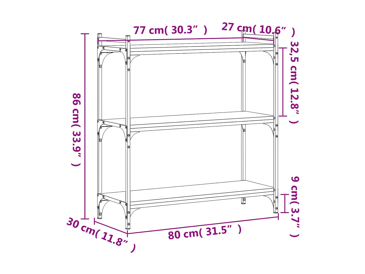 Libreria 3 livelli rovere affumicato 80x30x86 cm in multistrato