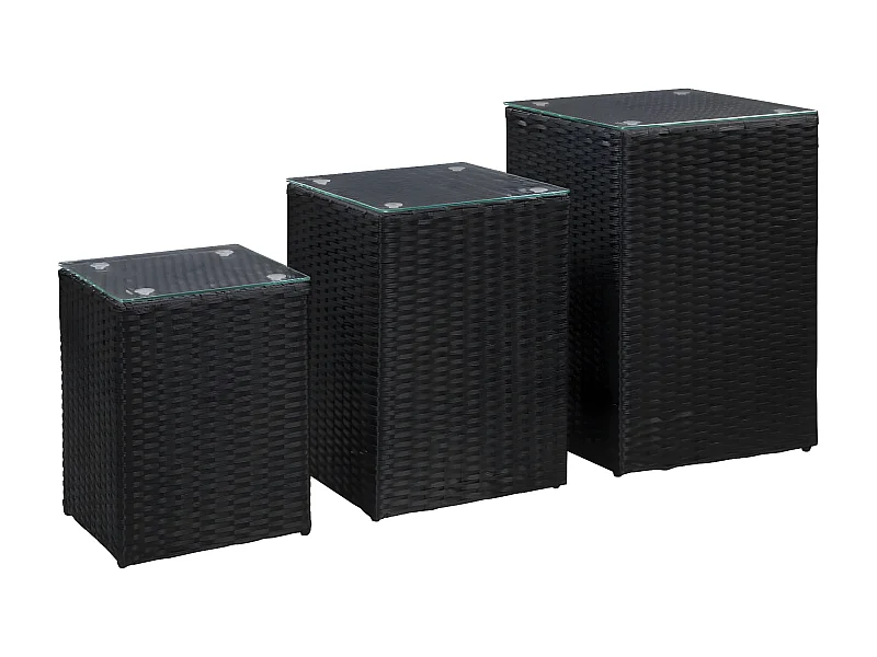 Tables d'appoint 3 pcs et dessus en verre Noir Résine tressée