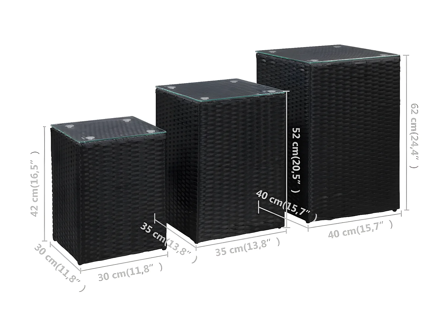 Tables d'appoint 3 pcs et dessus en verre Noir Résine tressée