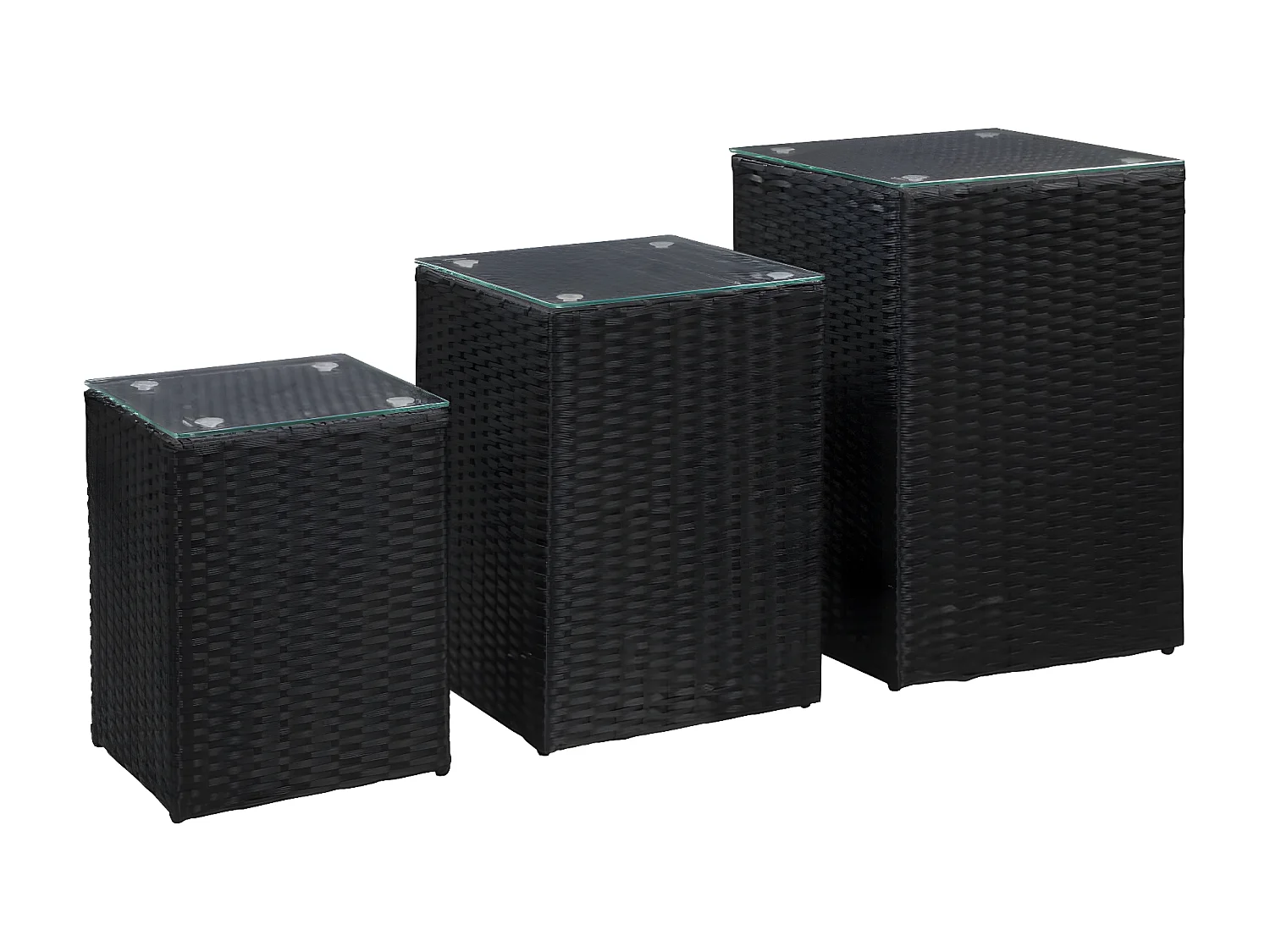 Bijzettafels 3 stuks en glazen blad van zwart harsvlechtwerk