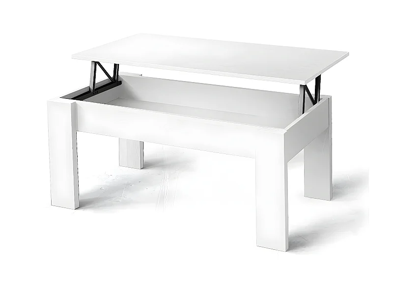 Table basse, table de salon relevable en bois coloris blanc - L. 100 x P. 50 x H. 45/57 cm