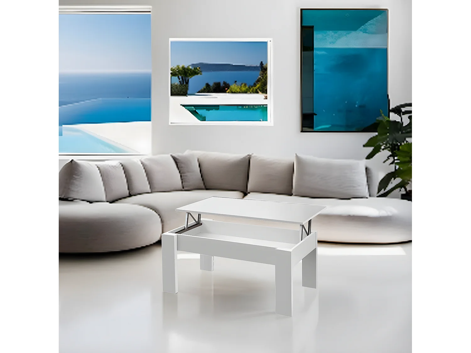 Table basse, table de salon relevable en bois coloris blanc - L. 100 x P. 50 x H. 45/57 cm