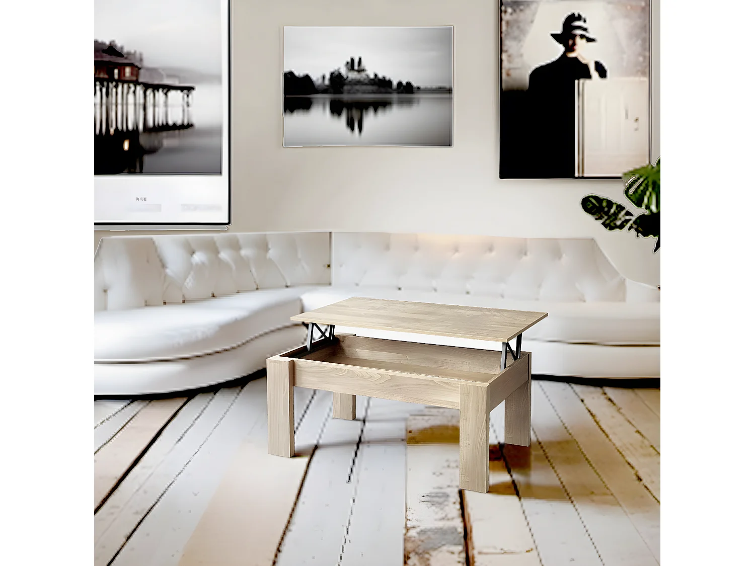 Table basse, table de salon relevable en bois coloris chêne cambrian - L. 100 x P. 50 x H. 45/57 cm