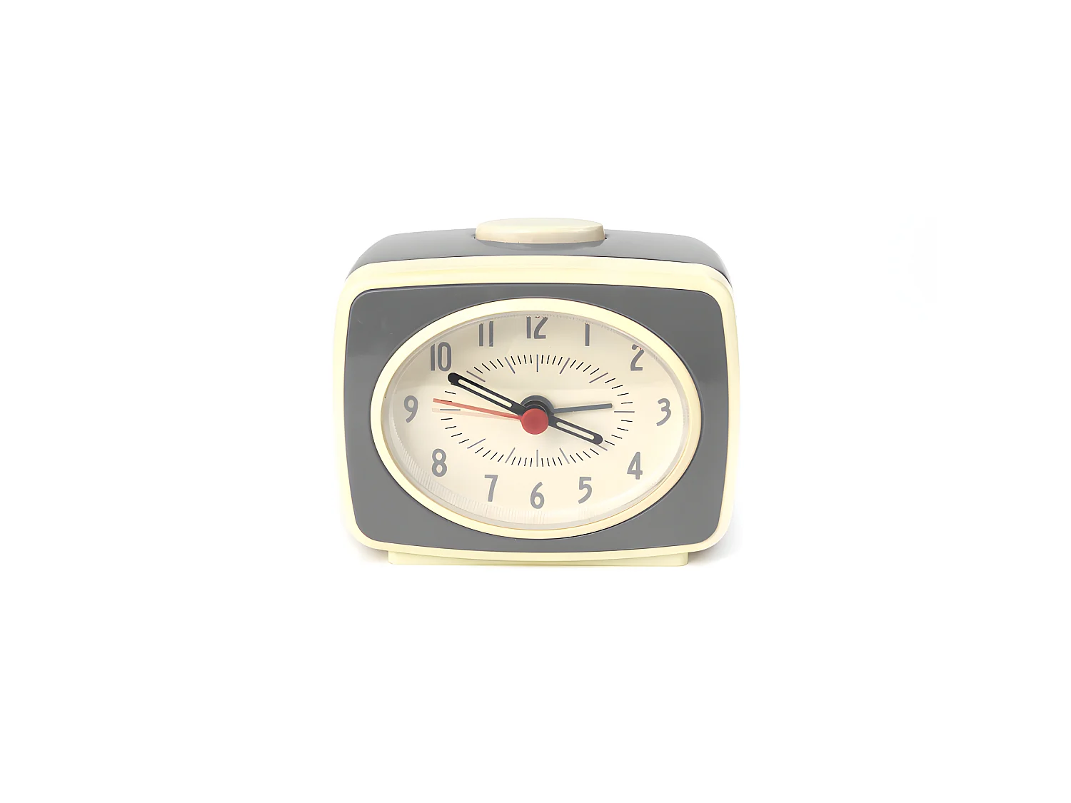 Vintage ronde grijze wekker Kikkerland met drukknop