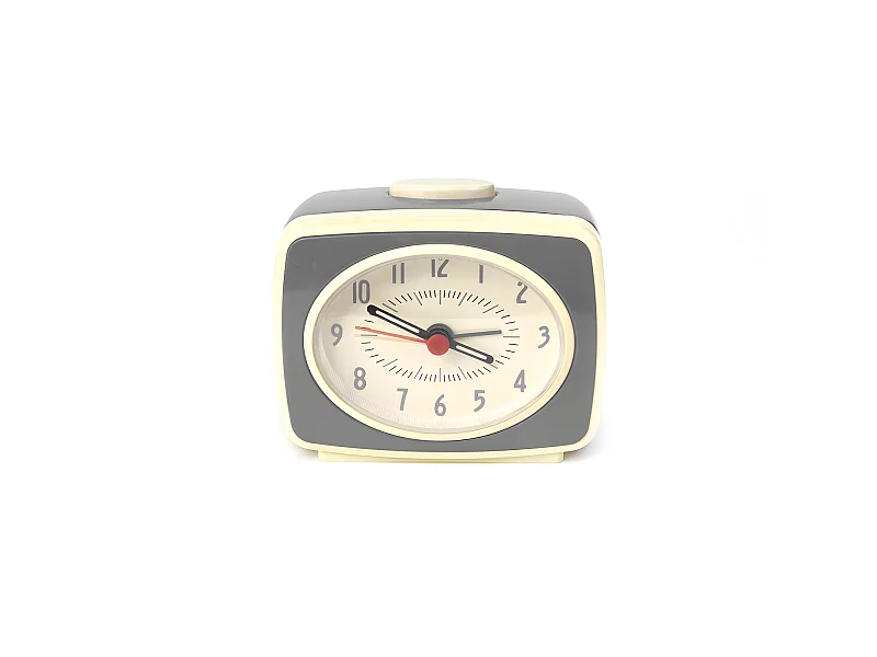 Vintage runder grauer Wecker Kikkerland mit Druckknopf