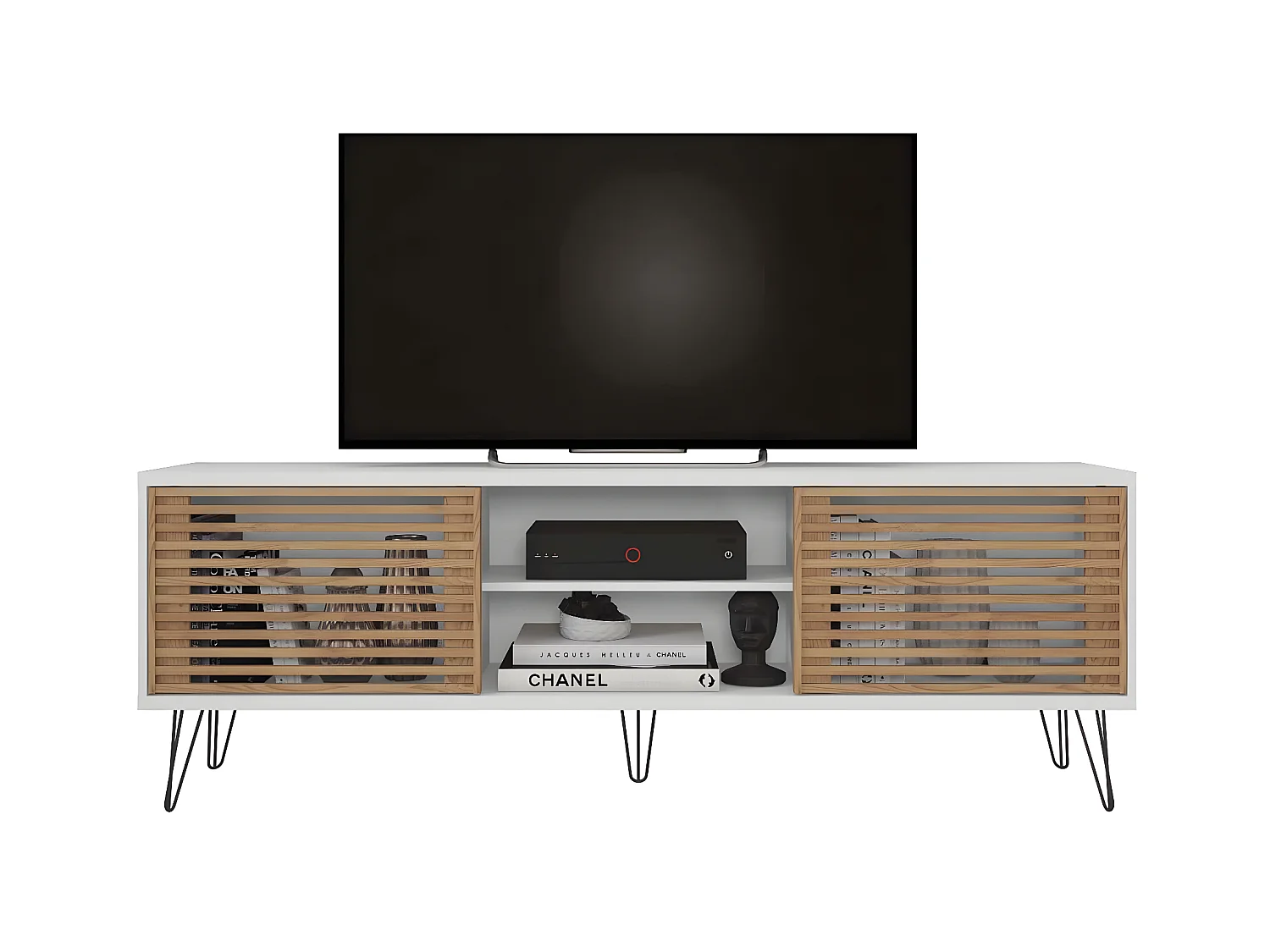 Meuble TV avec 2 portes coloris blanc, chêne buriti - L. 180 x P. 36 x H. 46 cm