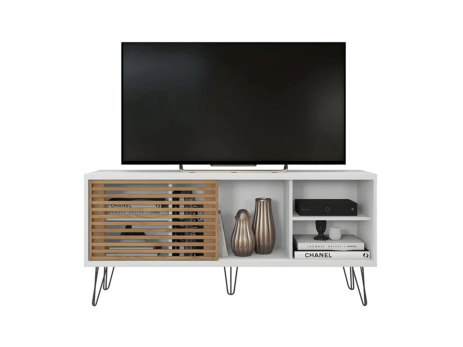 Meuble TV en bois avec 1 porte coloris Blanc, chêne buriti - L. 136 x P. 36 x H. 46 cm