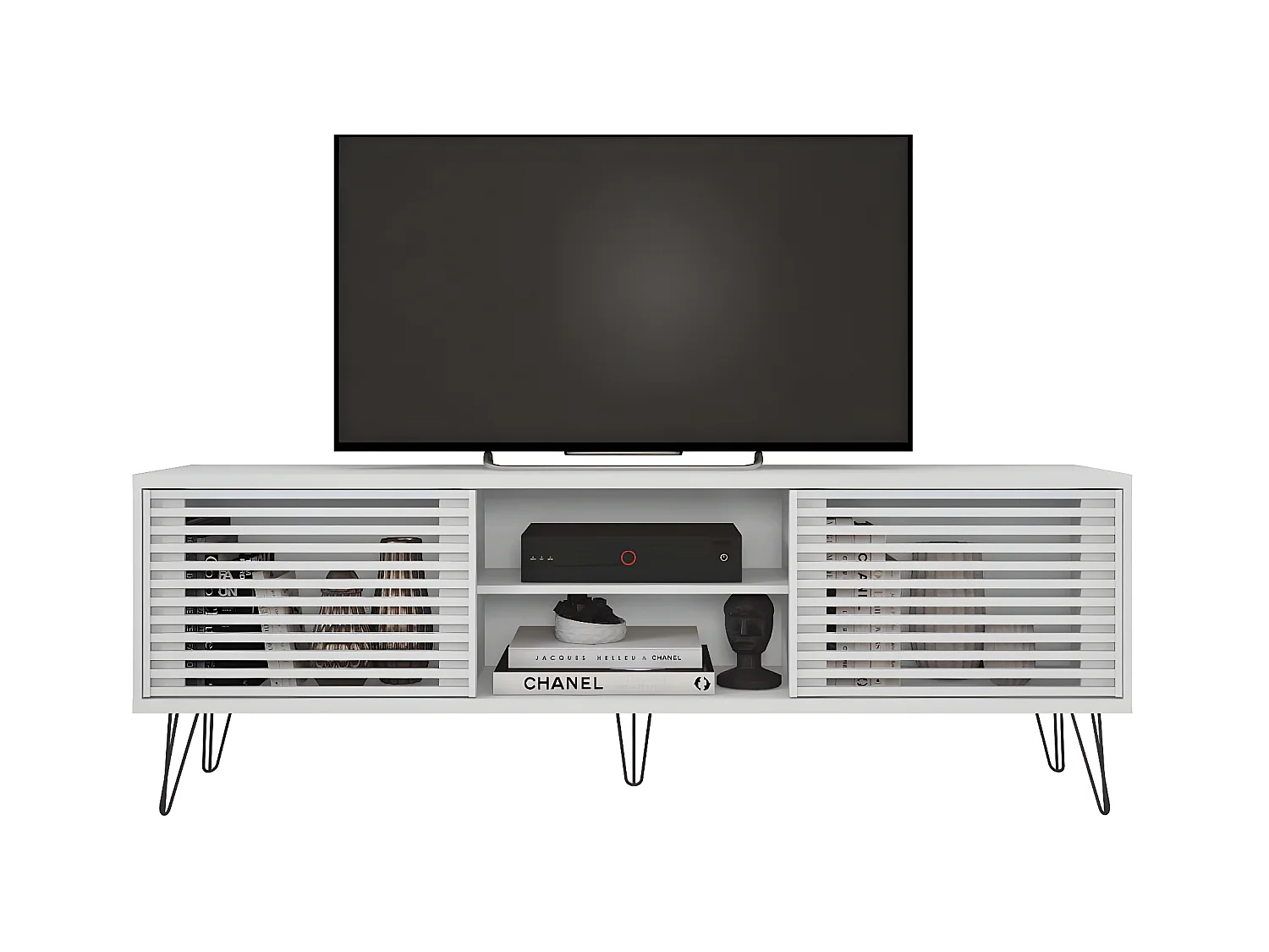 Meuble TV en bois avec 2 portes coloris blanc - L. 180 x P. 36 x H. 46 cm