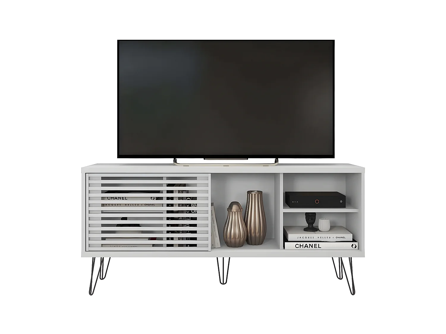 Meuble TV en bois avec 1 porte coloris blanc - L. 136 x P. 36 x H. 46 cm