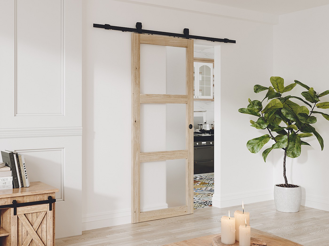Porte coulissante en bois avec rail et 3 fenêtres - Verre trempé dépoli ...