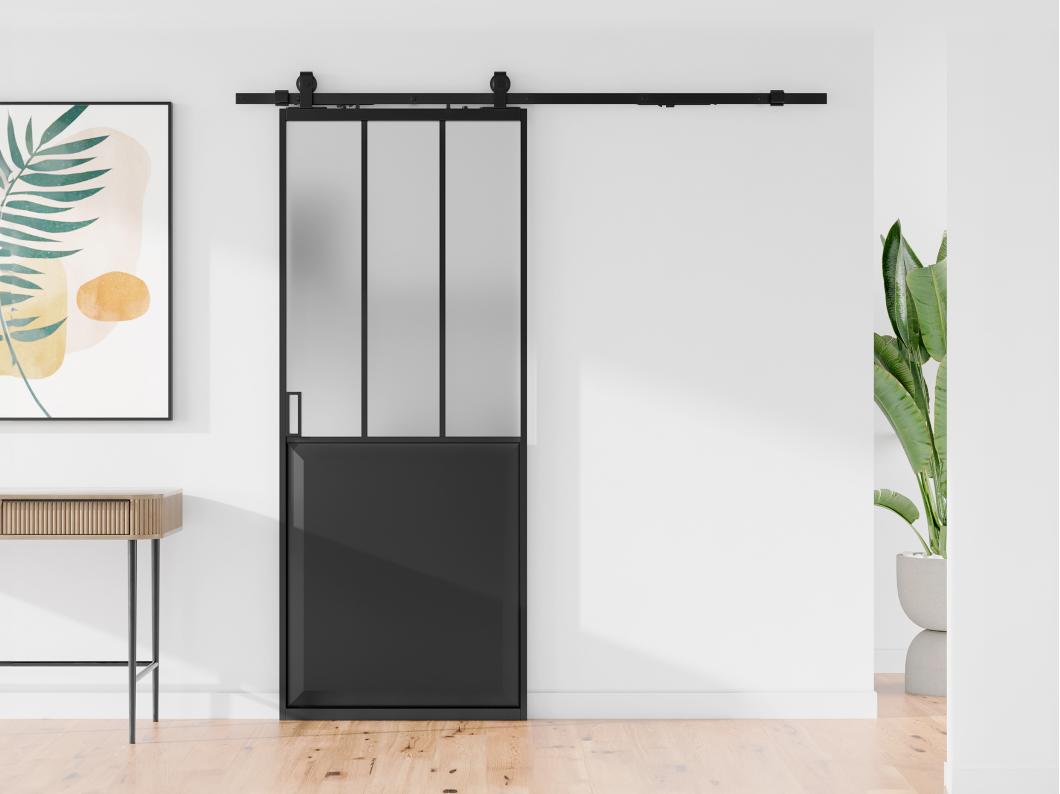 Puerta corredera estilo taller con riel - Negro y cristal templado esmerilado - Alt. 205 x Ancho 83 cm - ARTISTO II