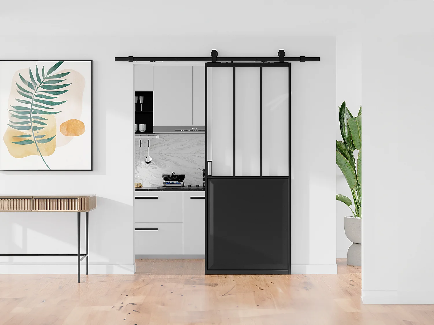 Schuifdeur werkplaatsstijl met opbouwsysteem - Zwart en mat gehard glas - H205 cm x L93 cm - ARTISTO II