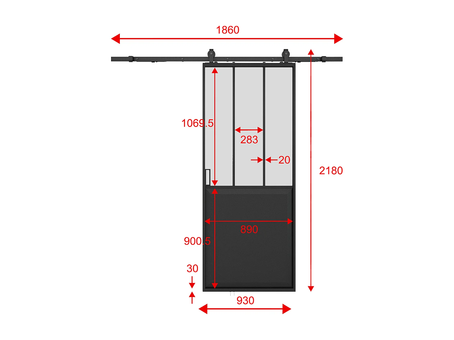 Schuifdeur werkplaatsstijl met opbouwsysteem - Zwart en mat gehard glas - H205 cm x L93 cm - ARTISTO II
