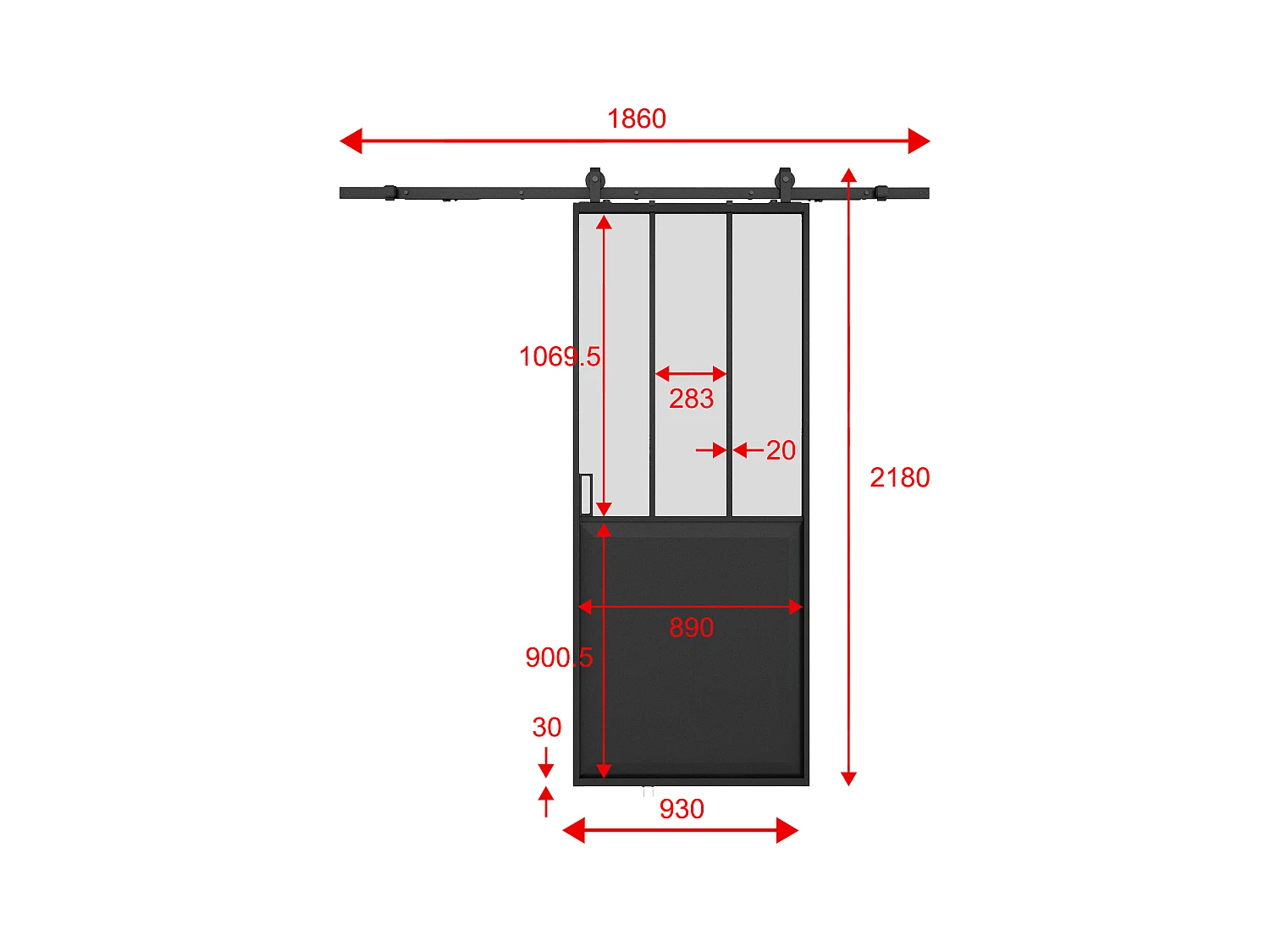 Schuifdeur werkplaatsstijl met opbouwsysteem - Zwart en mat gehard glas - H205 cm x L93 cm - ARTISTO II