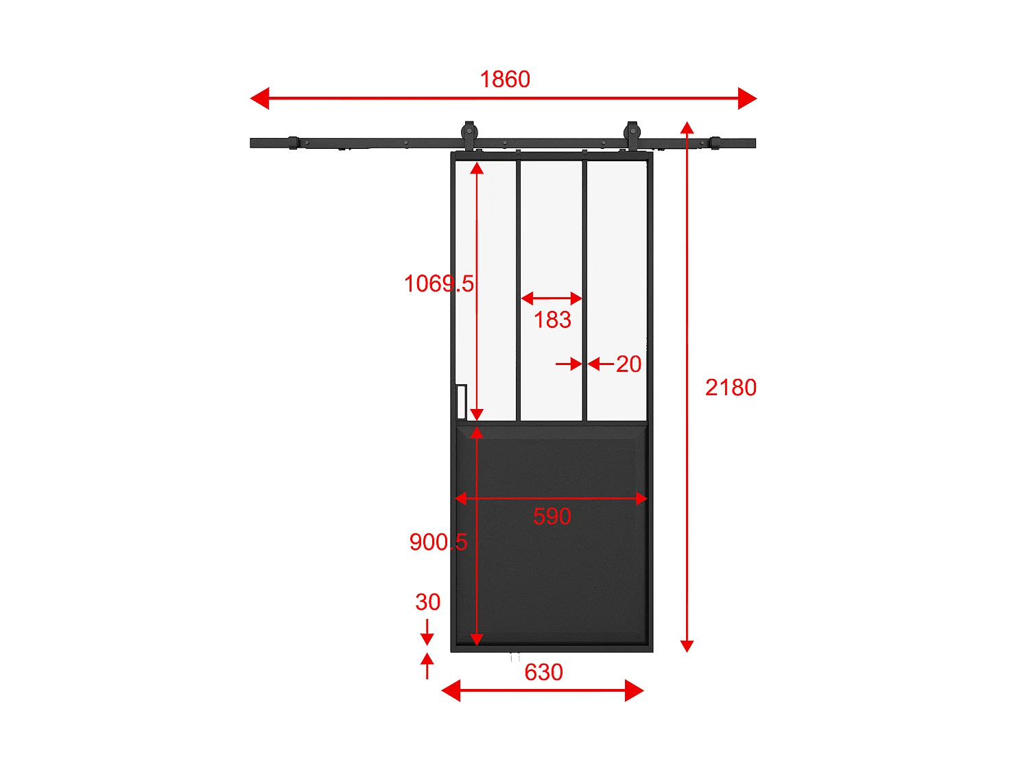 Porte coulissante atelier avec système en applique - Noir et verre trempé - H205 x L63 cm - ARTISTO II