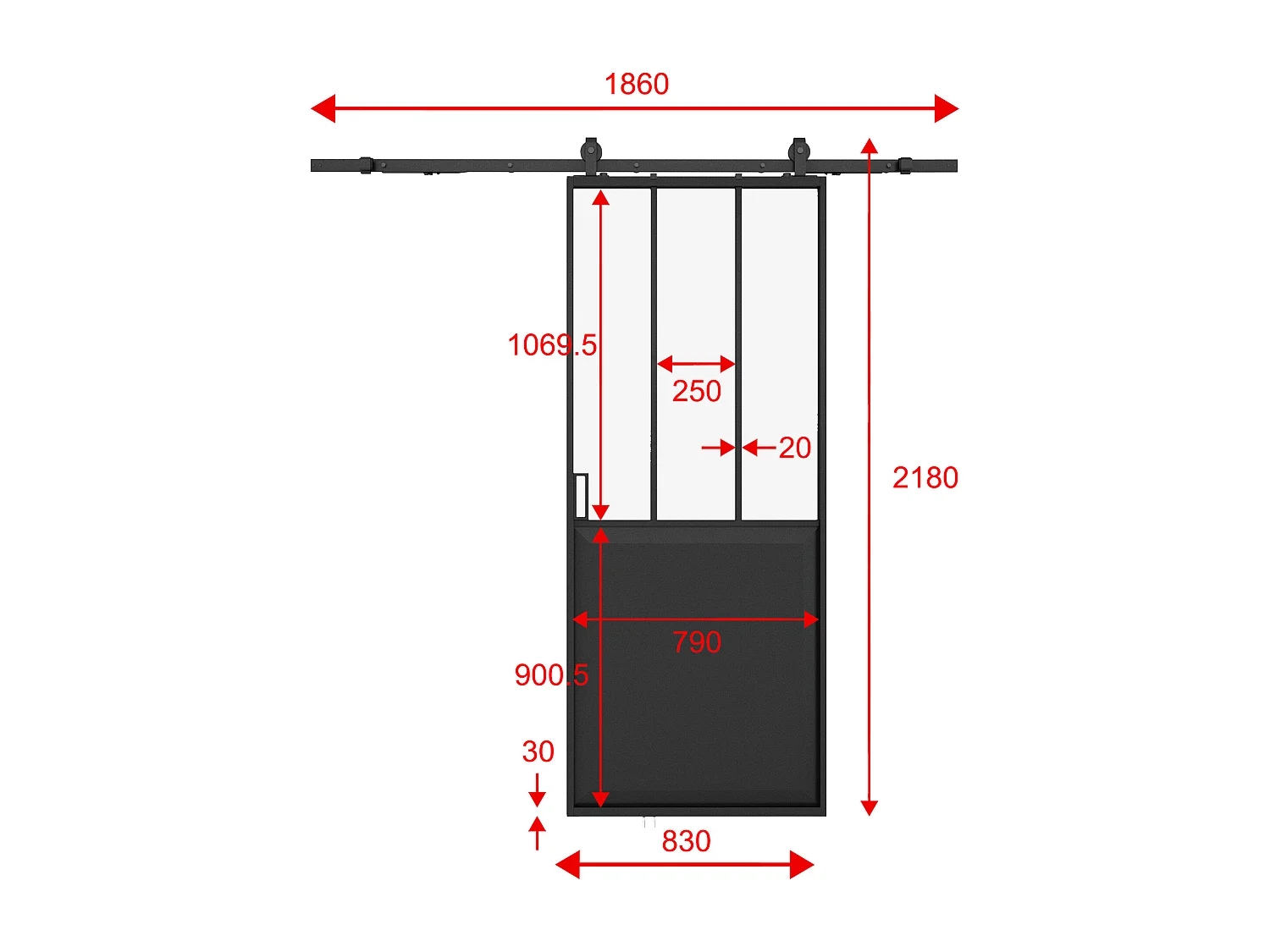 Schuifdeur werkplaatsstijl met opbouwsysteem - Zwart en mat gehard glas - H205 cm x B83 cm - ARTISTO II