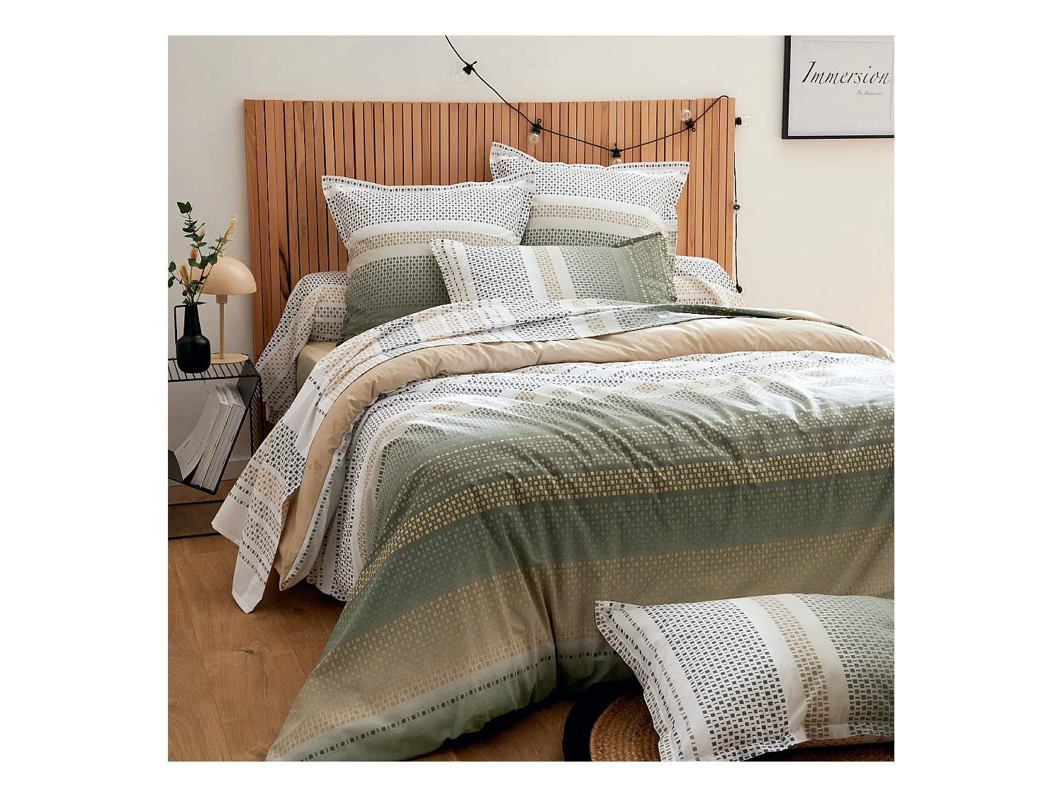 Parure 240x220 cm 50x70 cm coton NIAGARA vert Kaki 3 pièces