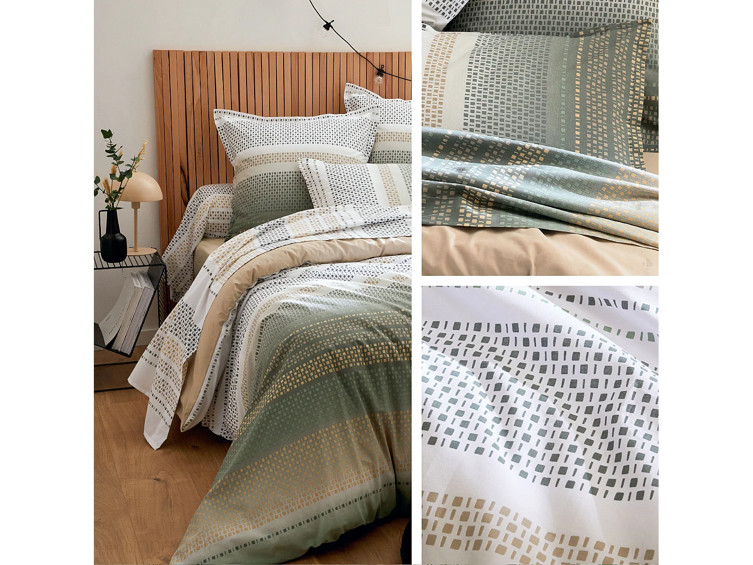 Parure 240x220 cm 50x70 cm coton NIAGARA vert Kaki 3 pièces