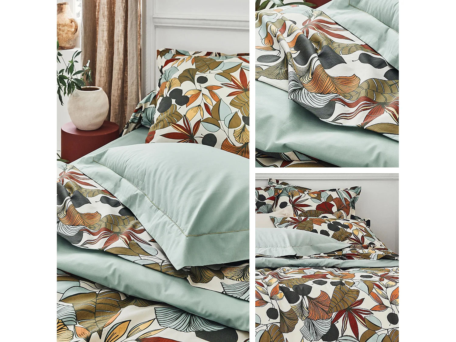 Parure percale de coton 260x240 cm 50x70 CASCADE vert Sauge 3 pièces