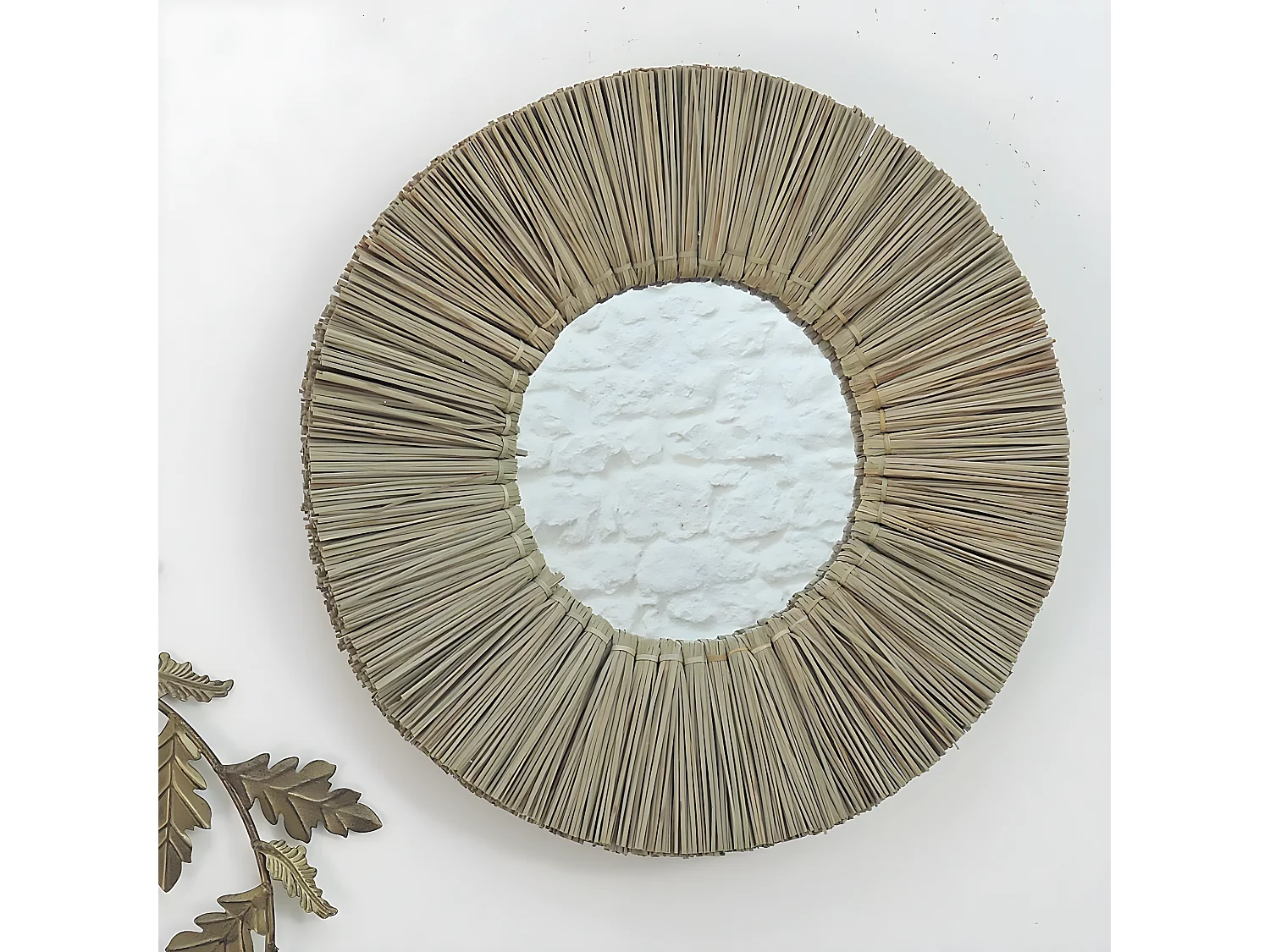 Espejo redondo de paja de mendong beige