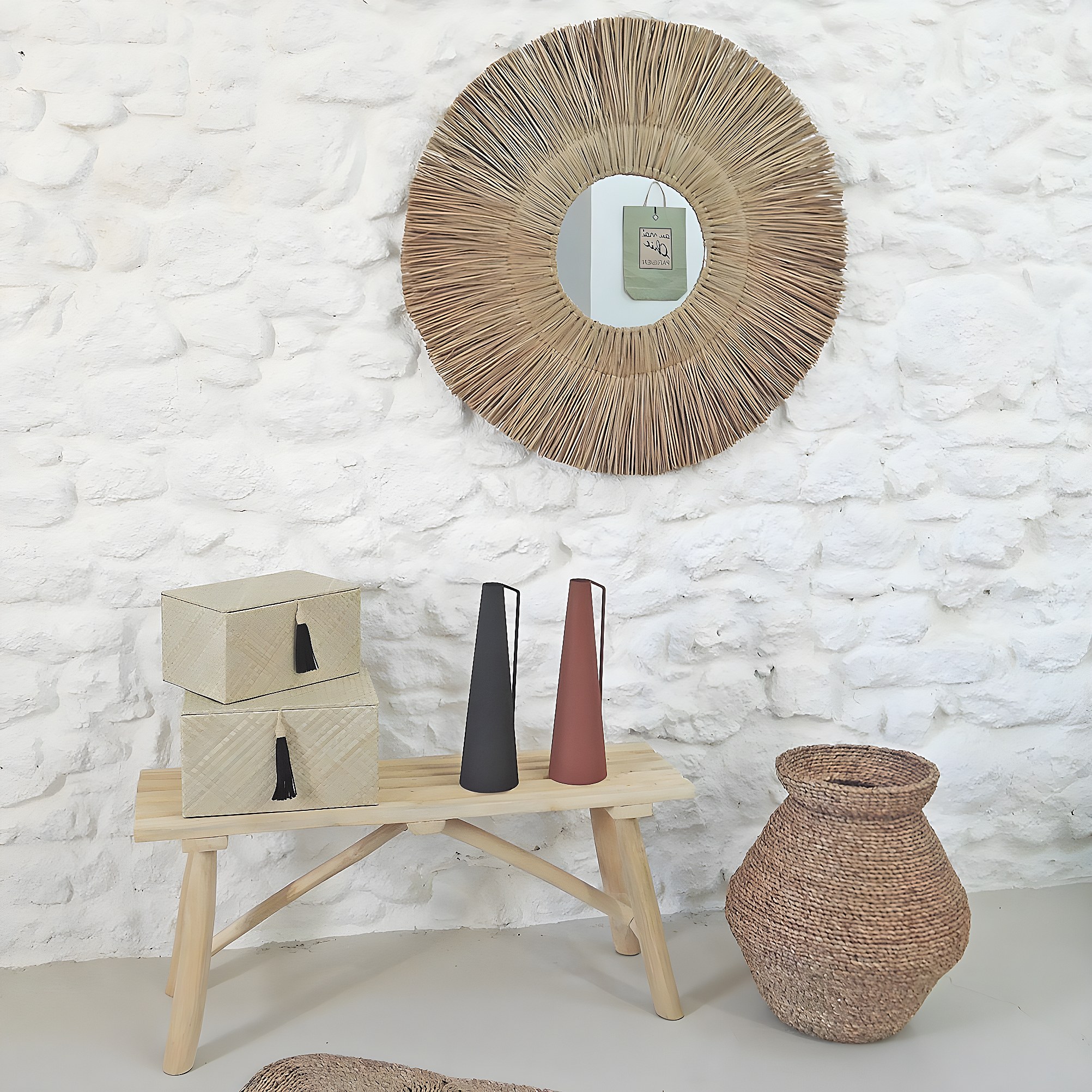 Miroir Rond En Corde De Paille 40 Cm - Déco Murale Rustique - Pour Salon, Chambre, Salle De Bain