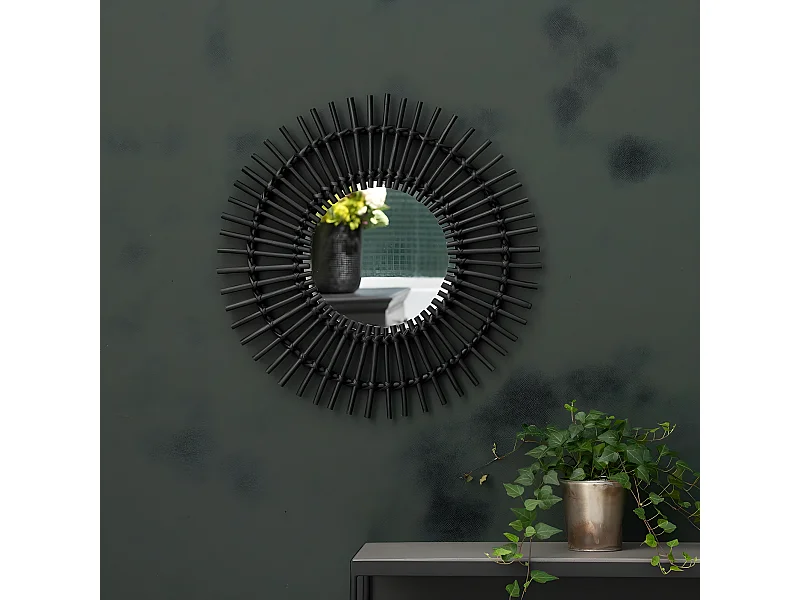 Espejo con forma de sol de ratán negro