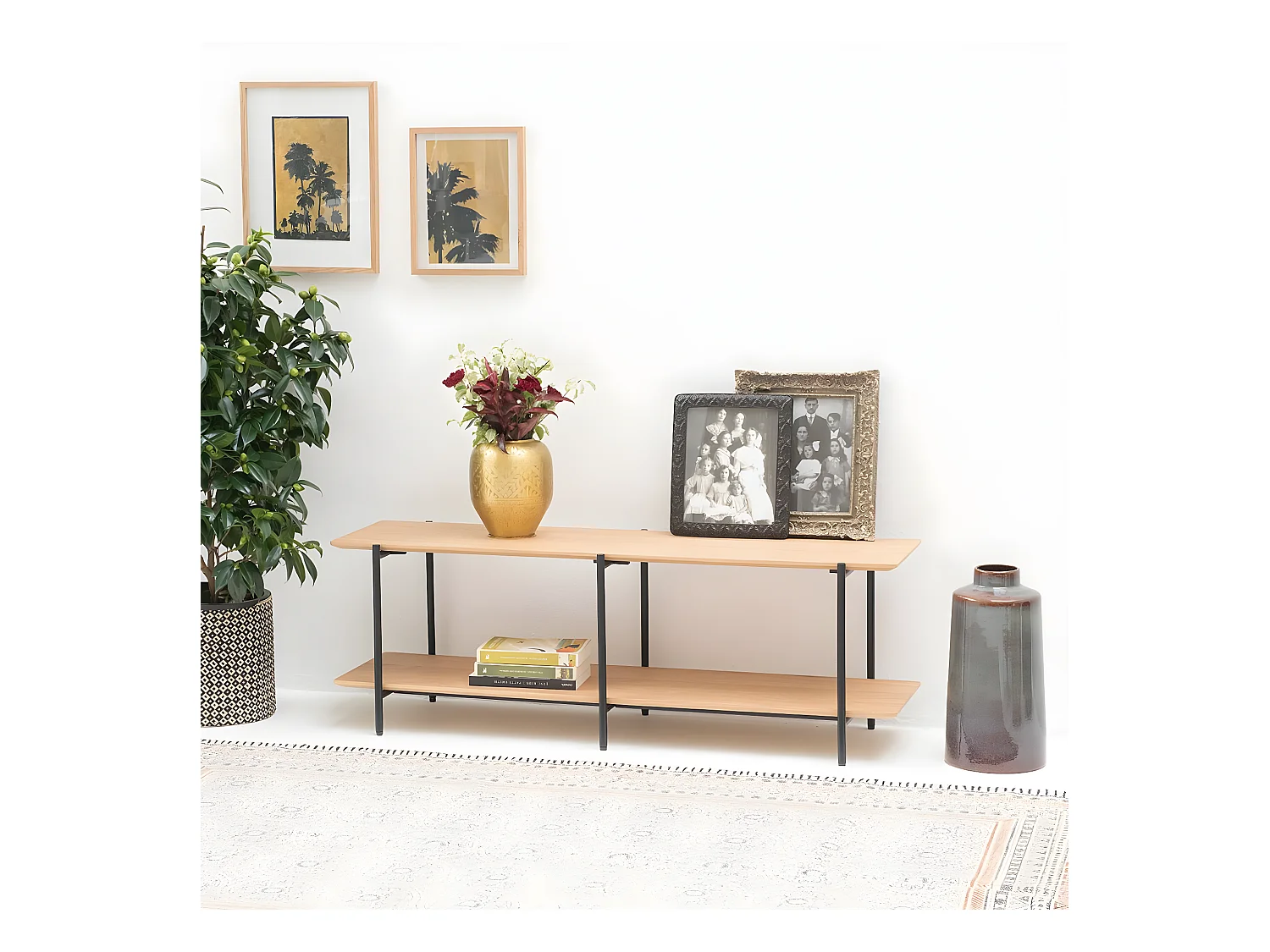 Meuble TV plaqué chêne pieds métal