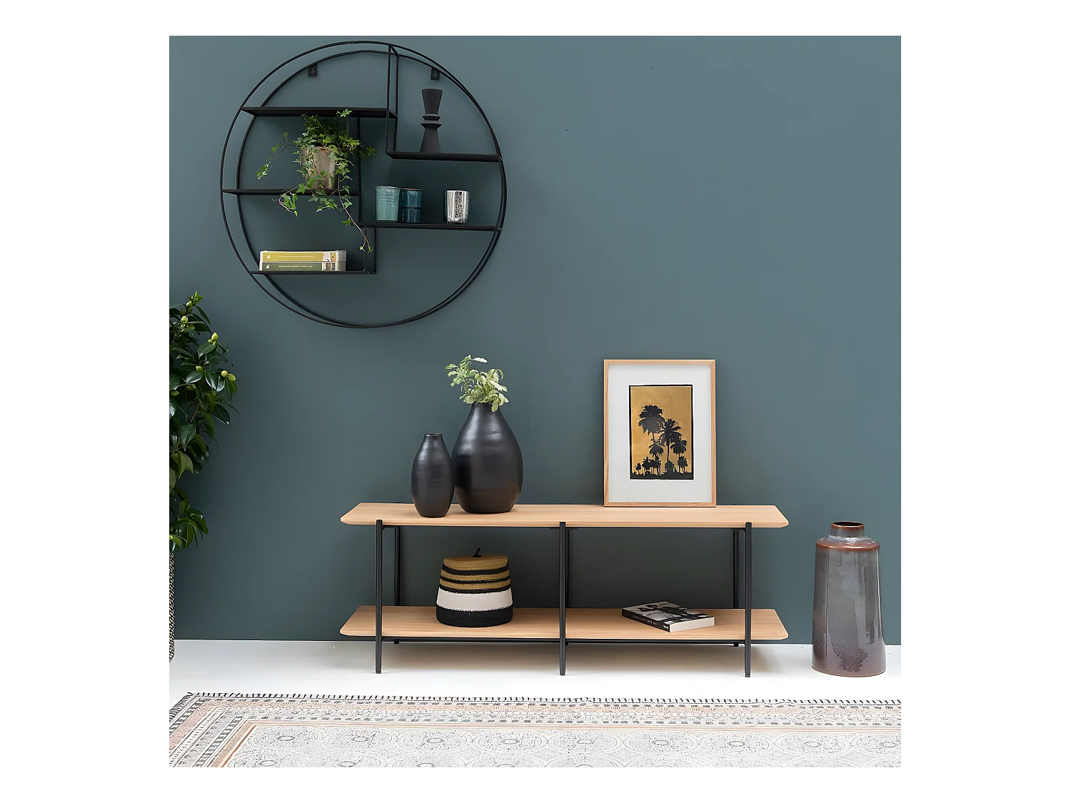 Meuble TV plaqué chêne pieds métal