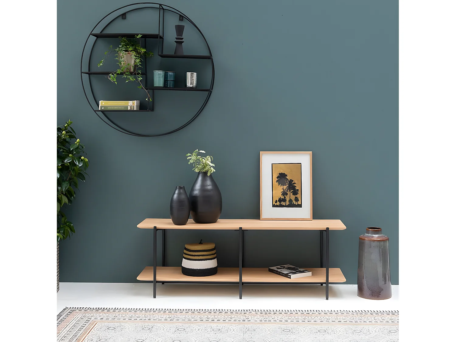 Meuble TV plaqué chêne pieds métal