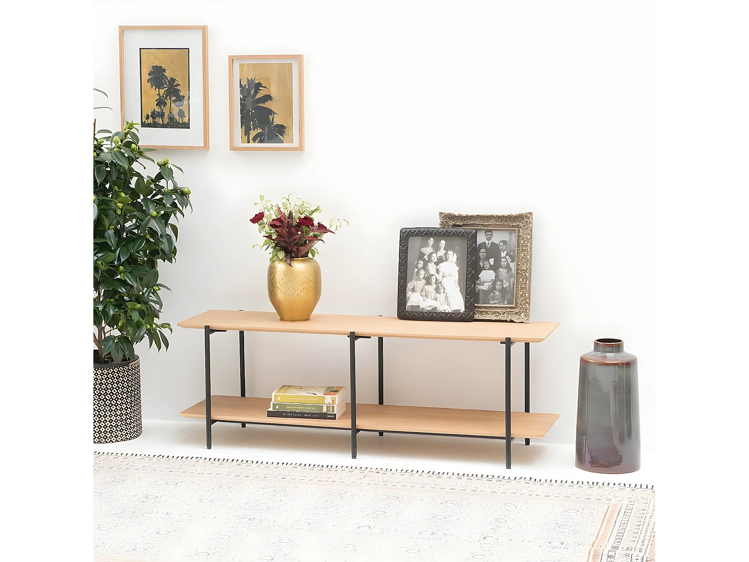 Meuble TV plaqué chêne pieds métal