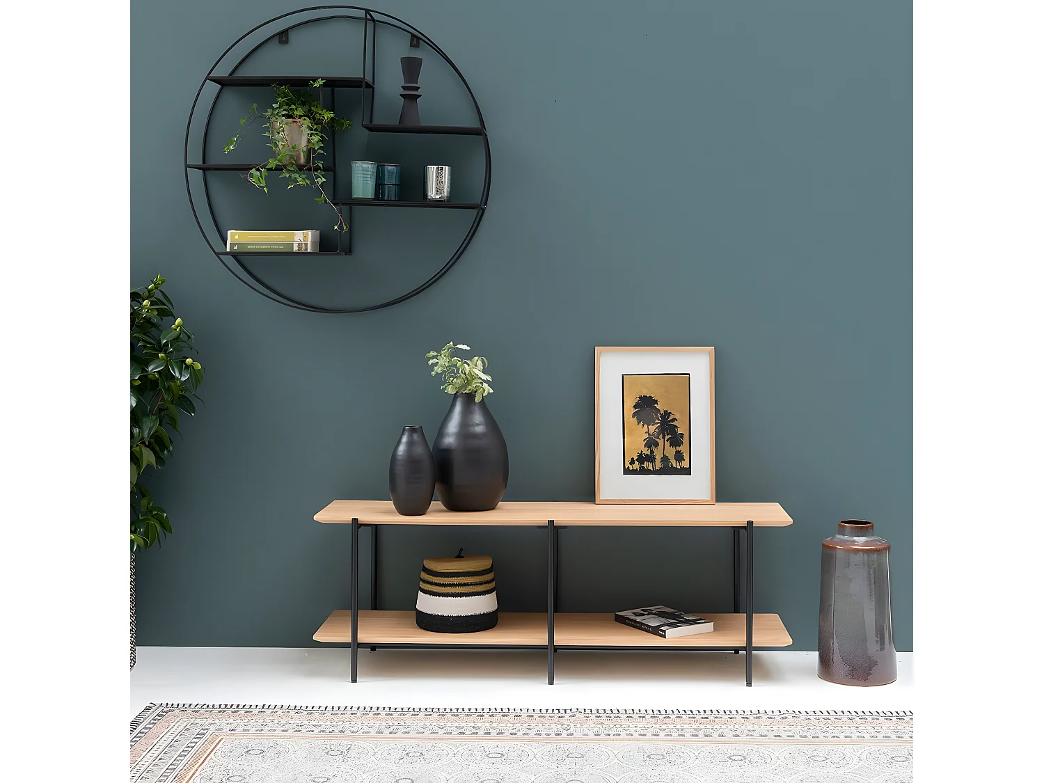 Meuble TV plaqué chêne pieds métal