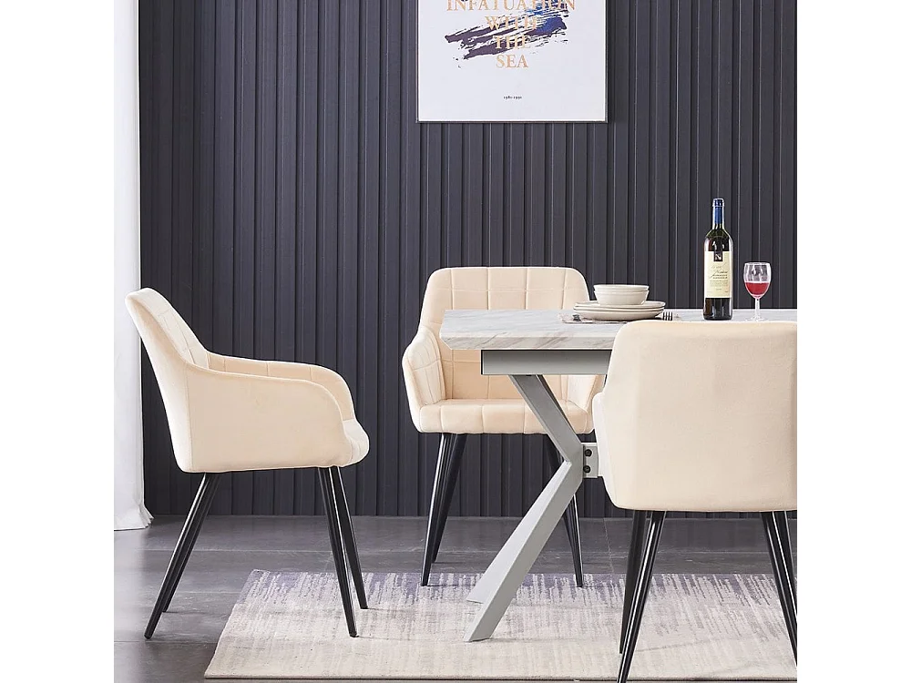 CAMDEN - Chaise de Salle à Manger en Velours Capitonnée - Style Contemporain - Pieds en Métal - Beige