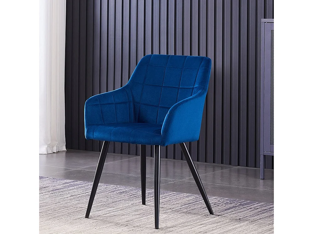 CAMDEN - Chaise de Salle à Manger en Velours Capitonnée - Style Contemporain - Pieds en Métal - Bleu
