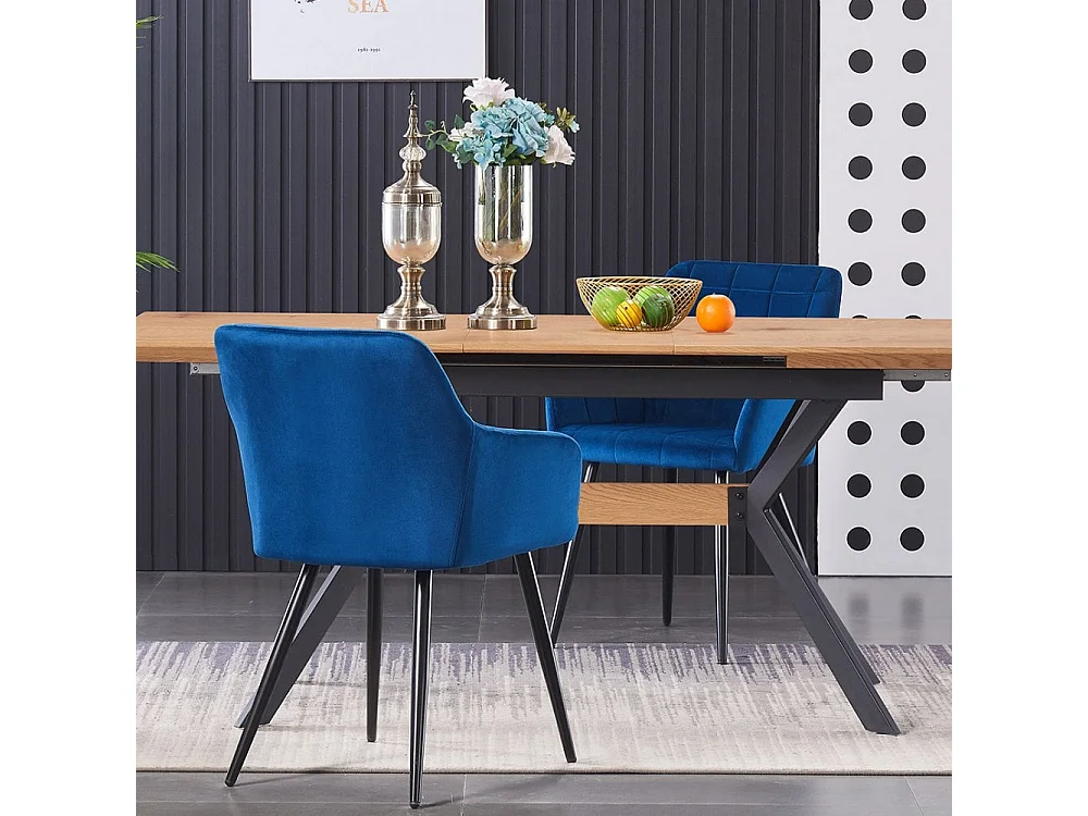 CAMDEN - Chaise de Salle à Manger en Velours Capitonnée - Style Contemporain - Pieds en Métal - Bleu