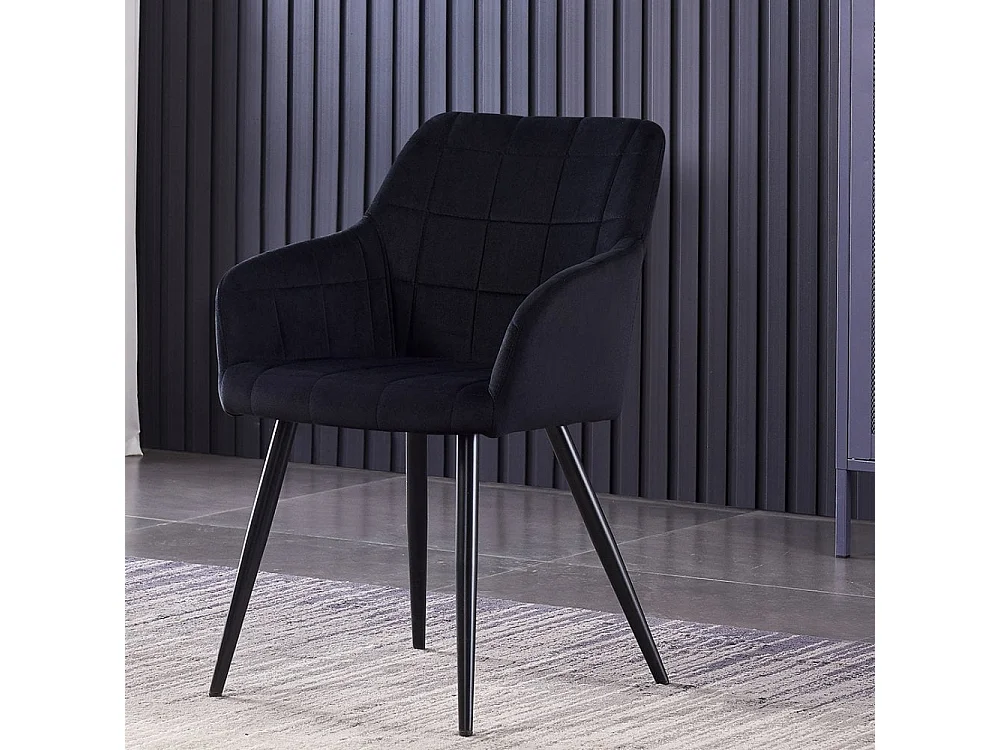 CAMDEN - Chaise de Salle à Manger en Velours Capitonnée - Style Contemporain - Pieds en Métal - Noir