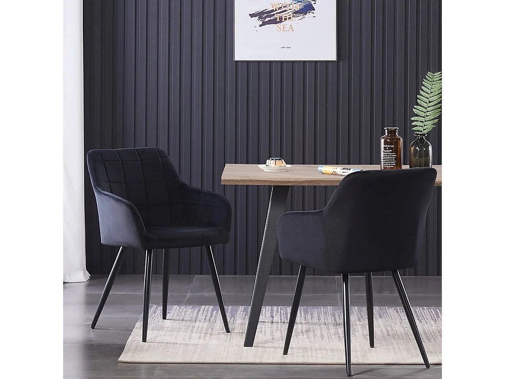 CAMDEN - Chaise de Salle à Manger en Velours Capitonnée - Style Contemporain - Pieds en Métal - Noir