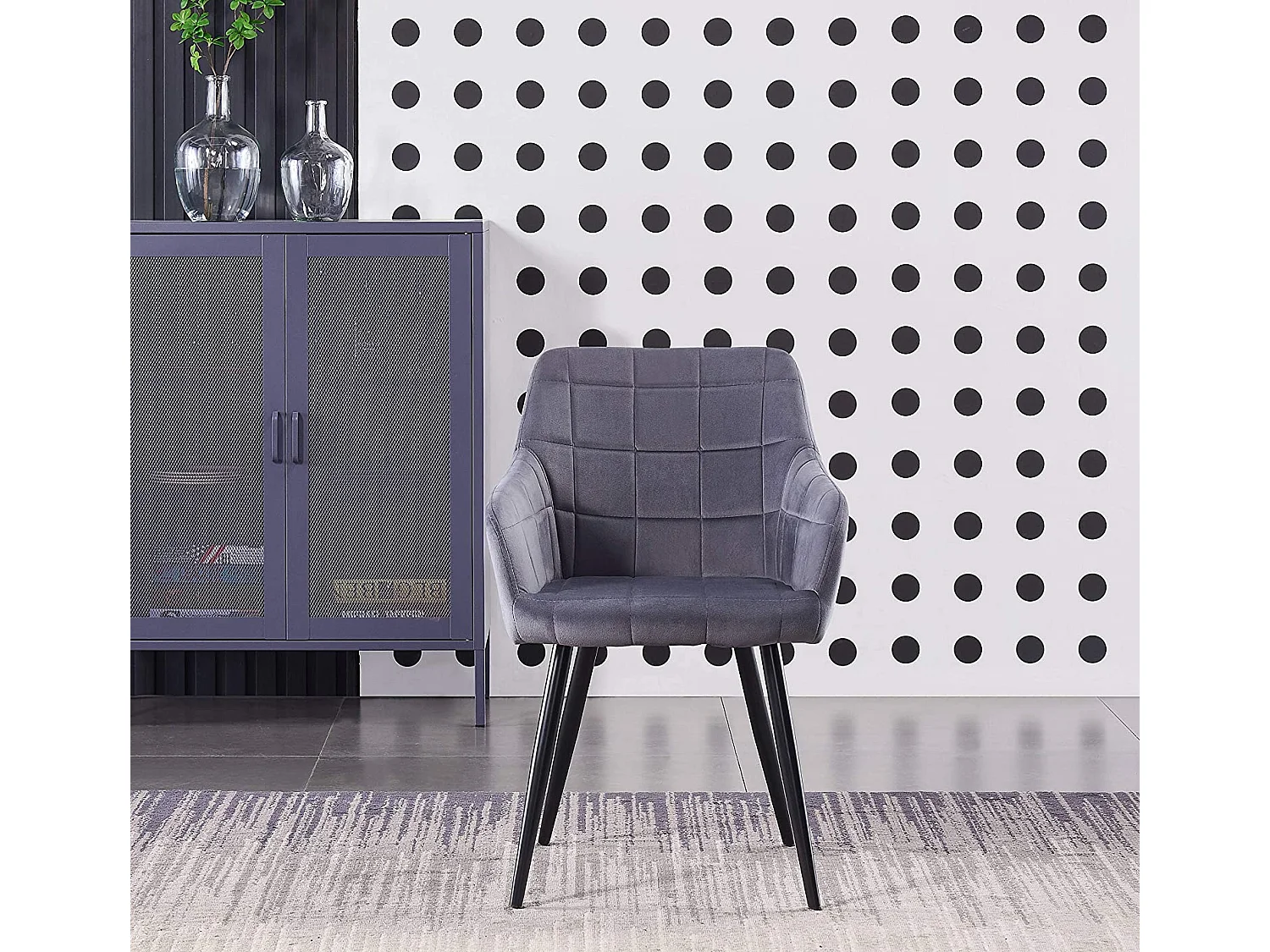 CAMDEN - Chaise de Salle à Manger en Velours Capitonnée - Style Contemporain - Pieds en Métal - Gris Foncé