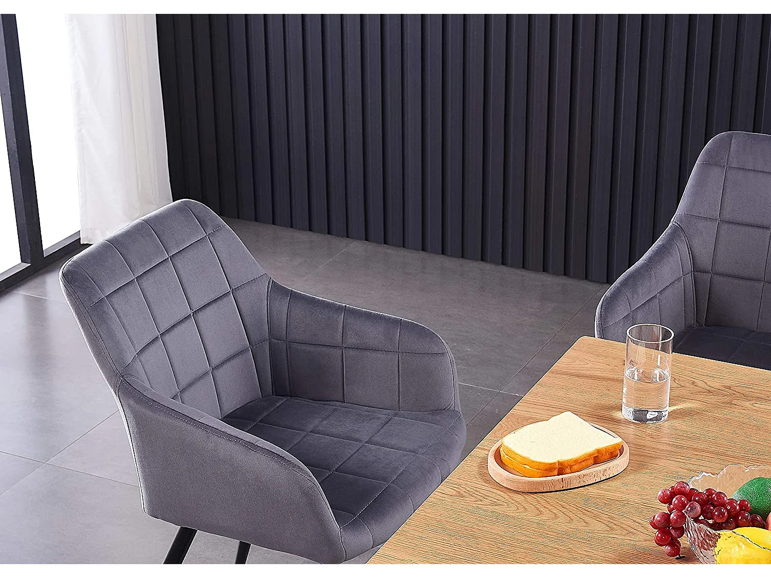 CAMDEN - Chaise de Salle à Manger en Velours Capitonnée - Style Contemporain - Pieds en Métal - Gris Foncé