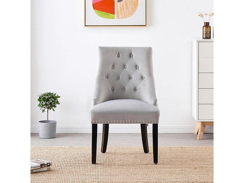 Chaise de salle à manger Windsor simple - Rembourrage en velours moelleux et pieds en bois massif robustes - Parfait pour votre salle à manger et salon - Gris clair