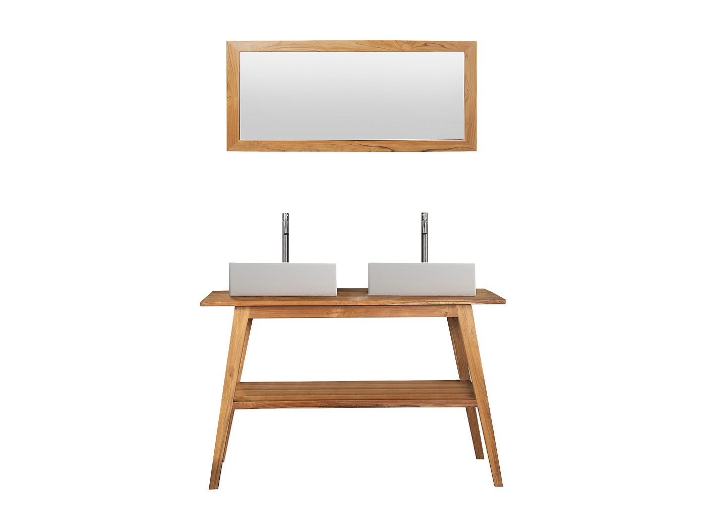 Meuble de salle de bain en teck avec double vasque et miroir - 120 x 55