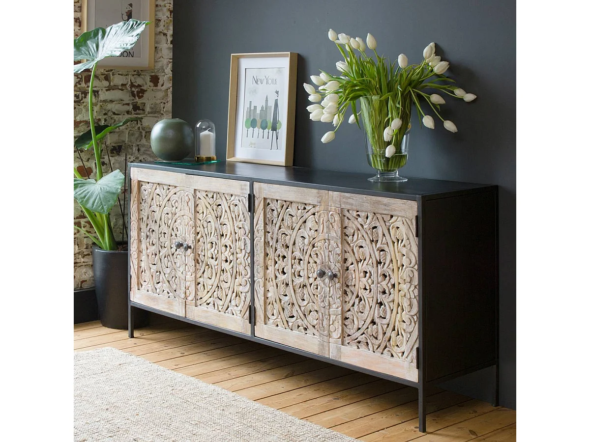 Buffet enfilade en bois de manguier blanchi Lila