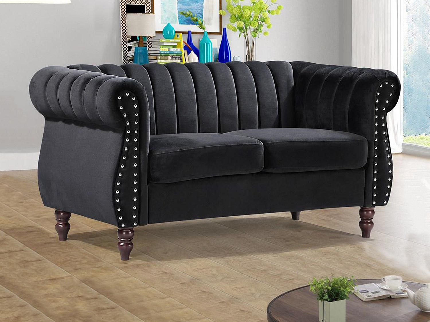 Vente-unique Chesterfield-Sofa - 2-Sitzer - Samt - Schwarz - Trumbo