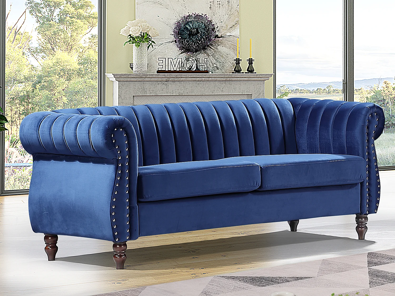 Canapé chesterfield 3 places en velours bleu roi TRUMBO