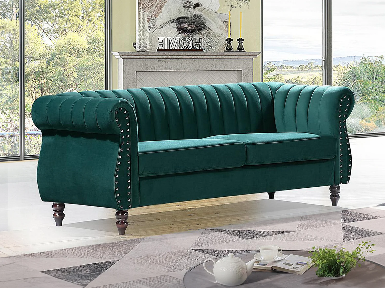 Canapé chesterfield 3 places en velours vert émeraude TRUMBO