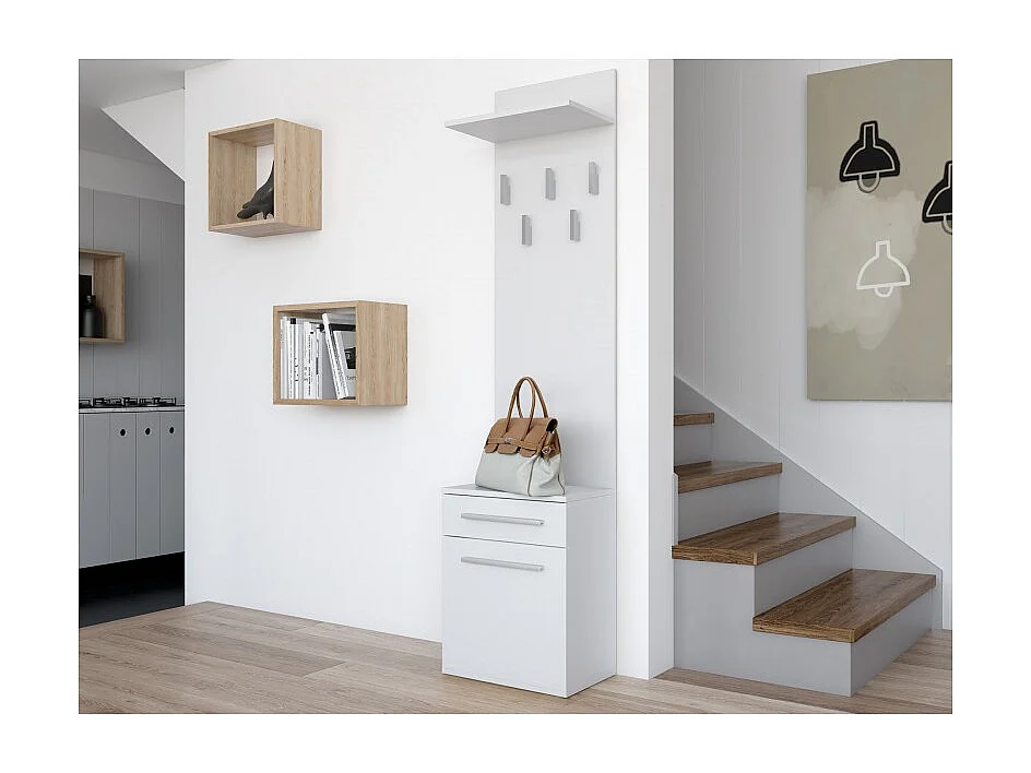 VIONI - Guardarropa de entrada - Perchero de pared con balda - 5 ganchos - Cajón + contenedor
