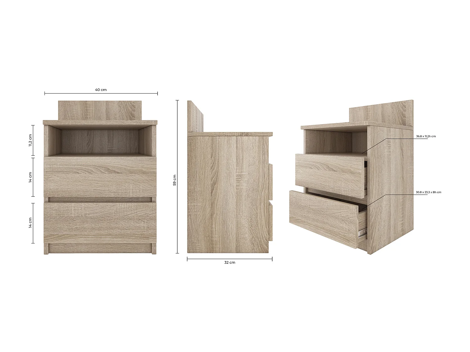 ASTER T1 - Mesita de noche con 2 cajones - 59x40x32cm - mesita de noche - estilo escandinavo