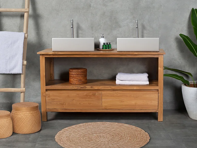 Szafka łazienkowa z drewna teak z podwójną umywalką – 135 cm – KETAPANG