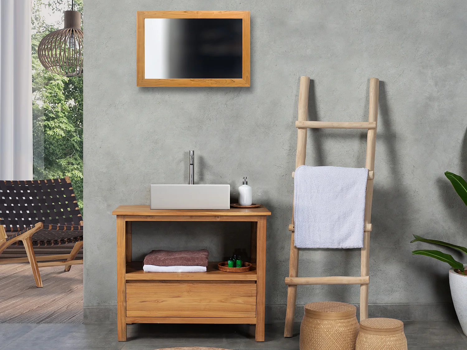 Badkamermeubel in teakhout met enkele wastafel en spiegel - 90 cm - KETAPANG