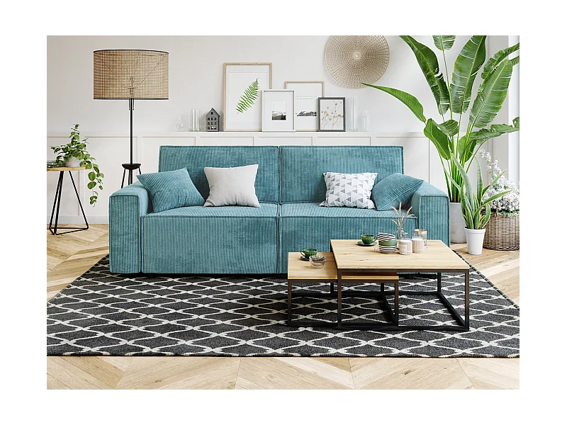 Canapé droit MIRA convertible velours côtelé bleu 3places