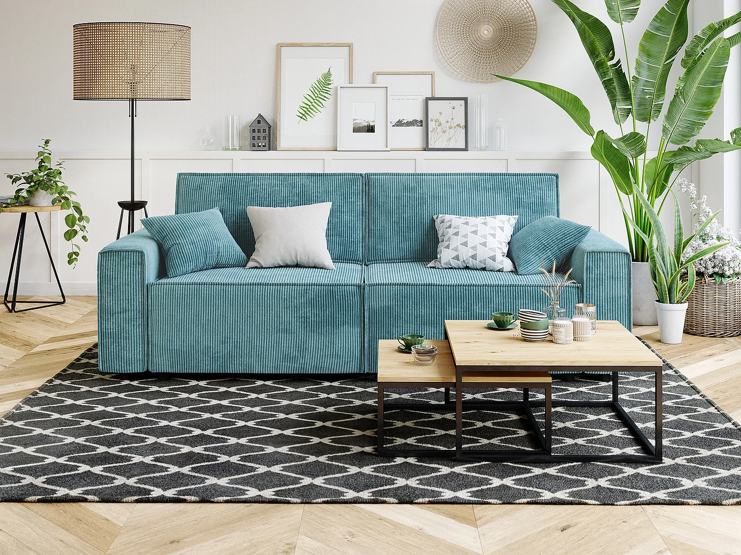 Canapé droit MIRA convertible velours côtelé bleu 3places